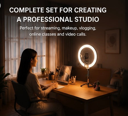 Setup modern de birou cu ring light LED pentru live streaming și video calls