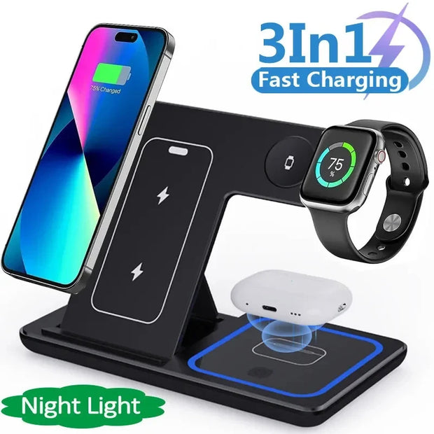 3-in-1 Fast Wireless Charger – Stand pentru iPhone,Samsung iWatch & AirPods